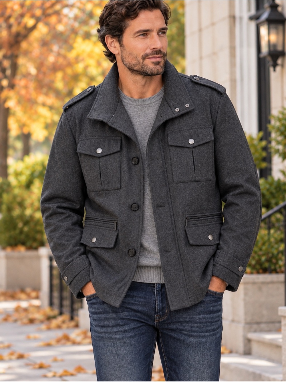 Michael Kors Men XL Wool Blend Field Jacket Charcoal Gray Quilted Military